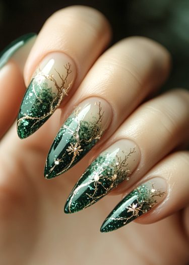 Elegant gradient green nail art with gold accents and intricate designs.