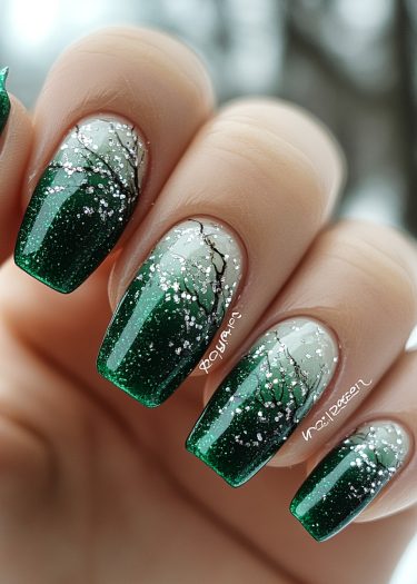 Elegant winter-themed green gradient nail art with intricate tree branches and sparkling snow details.