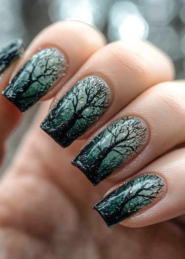 Artistic green and black tree nail art with glitter and gradient design.