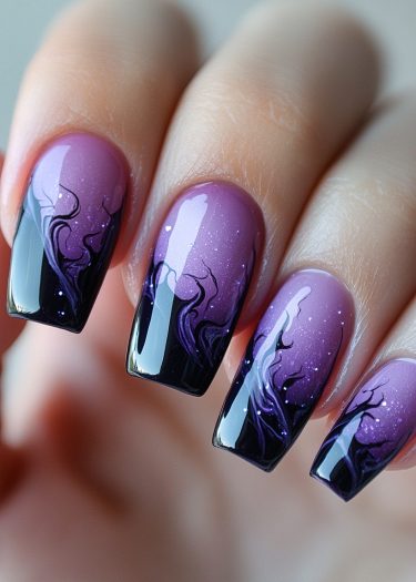 Elegant ombre lavender to black nails with intricate black designs and subtle shimmer.