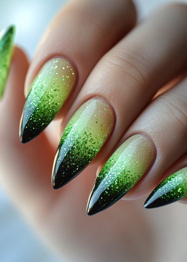 Elegant gradient lime green to black nails with sparkling glitter accents.