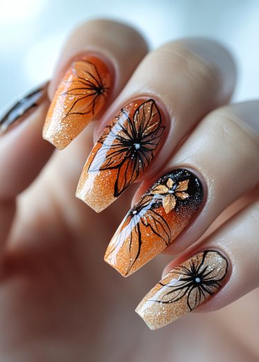 Elegant gradient orange and gold nail art with floral designs and glitter accents.