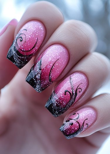 Elegant gradient pink glitter nails with intricate black floral designs for a glamorous manicure.