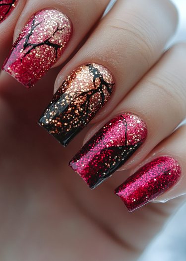 Stunning gradient red and black nail art with glitter and intricate branch patterns.