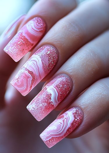 Elegant marbled pink nails with glitter, showcasing a unique gradient design for chic nail art.