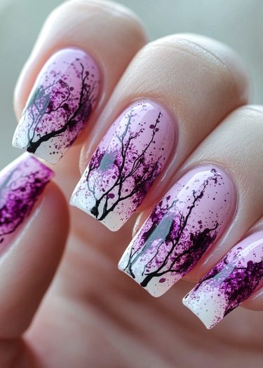 Elegant pink gradient nail art with black tree branches and vibrant splatter detail.