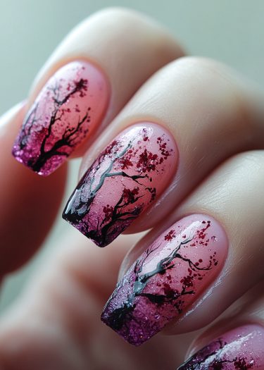 Elegant cherry blossom nail art with a pink gradient design and glossy finish.