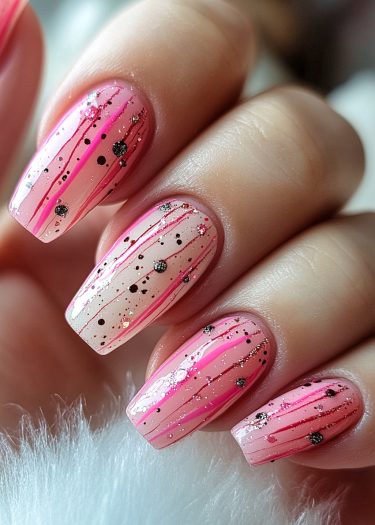 Stylish gradient pink nail art with stripes and glitter for a trendy look.