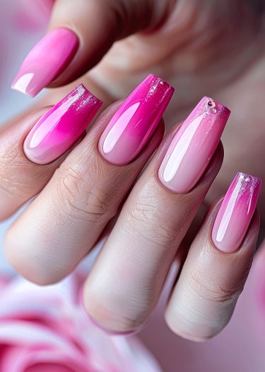 Elegant gradient pink nails with glitter and rhinestones, showcasing modern nail art design.