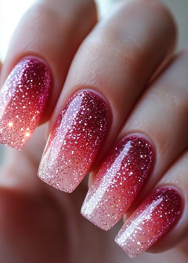 Elegant pink ombre nails with glitter, showcasing sophisticated nail art and luxury style.