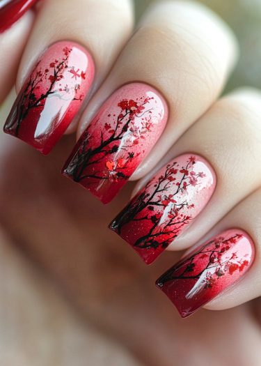 Elegant pink-red gradient nail art with nature-inspired designs, featuring tree branches and blossoms.