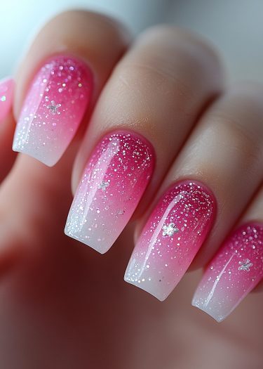 Gradient pink and white glitter nails showcase elegance with shimmering star decals.