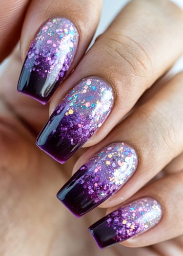 Exquisite gradient purple nails with glitter, showcasing modern manicure artistry and elegance.