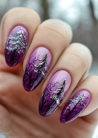 Elegant almond-shaped nails featuring purple gradient and winter tree art with silver glitter.