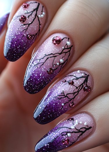 Elegant gradient purple nails with intricate black branches and sparkling gem accents.