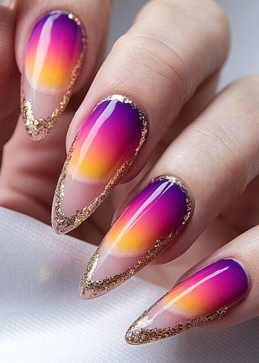 Elegant gradient nails in purple, orange, and yellow with glitter accents for a stunning manicure.