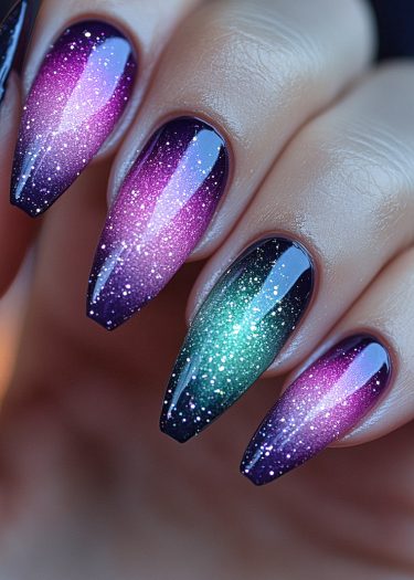 Gorgeous gradient purple and teal nails with glitter for a stunning, modern manicure.