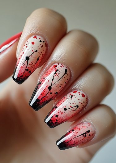 Dramatic red and black gradient nail art with glossy finish and intricate splatter designs.