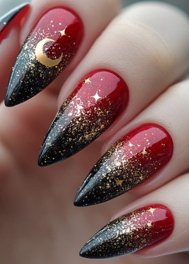 Elegant gradient red and black nail art with gold glitter and celestial designs.