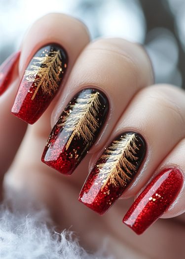 Elegant ombre gradient nail art with black and ruby red, featuring gold fern patterns.