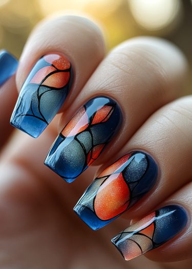 Stunning gradient stained glass nail art with vibrant colors and elegant square tips.