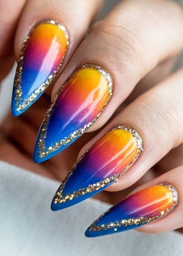 Stunning gradient stiletto nails with gold glitter and vibrant sunset colors.