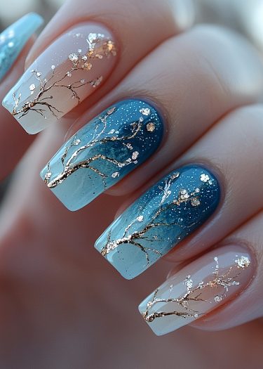 Gradient nail art with golden tree branches and white blossoms for an elegant, spring-inspired look.