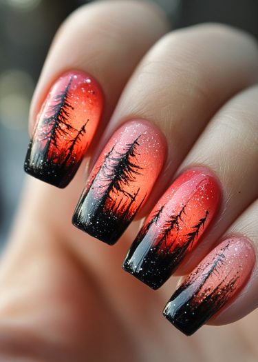 Vibrant sunset gradient nail art with black tree silhouettes and sparkling glitter accents.