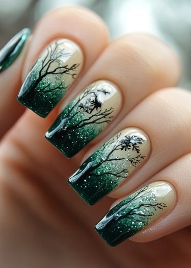 Elegant gradient tree nail art with sparkles, showcasing forest-inspired designs in rich green hues.