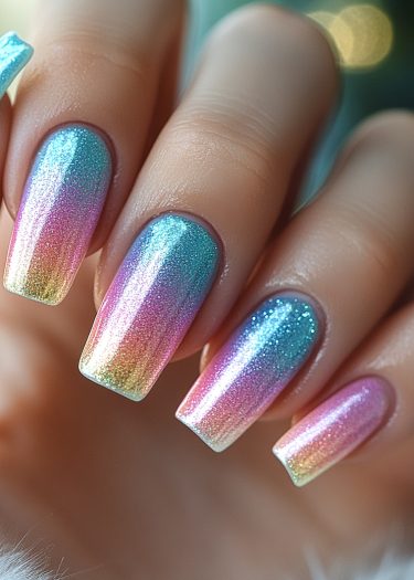 Stunning gradient nails featuring aqua, pink, purple, and yellow with glittery shimmer effects.