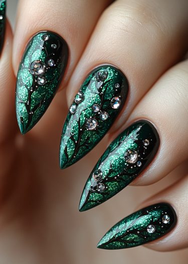 Exquisite emerald green stiletto nail art with sparkling glitter and delicate vine designs.