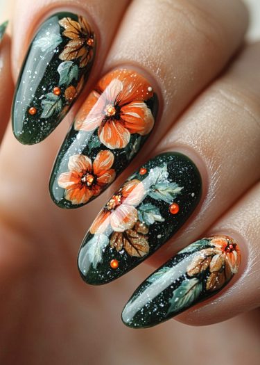 Elegant almond-shaped nails featuring deep green base with vibrant floral design and sparkling accents.