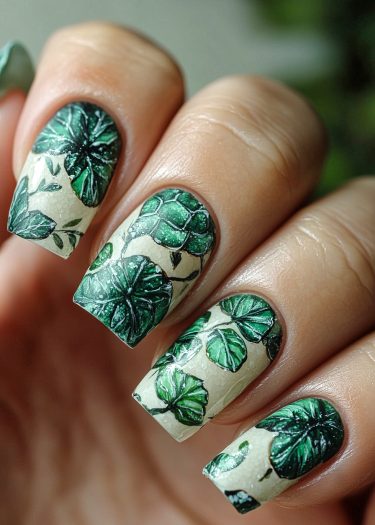 Elegant green foliage nail art design featuring intricate botanical patterns on glossy manicured nails.