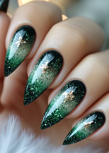 Elegant green gradient glitter stiletto nails for a glamorous and festive look.