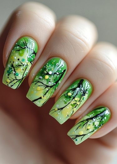 Nature-inspired green gradient nail art with elegant black branches and colorful accents.