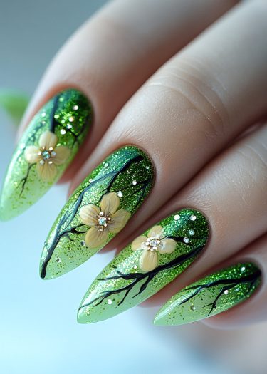 Exquisite green gradient nail art with floral designs and sparkling accents on almond-shaped nails.