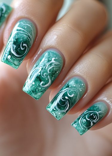 Intricate turquoise green gradient nail art with elegant white filigree designs.