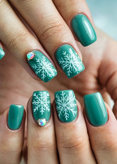 Teal manicure with intricate snowflake designs and iridescent gemstones for a festive look.