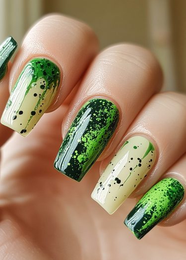 Elegant green splatter nail art featuring a creative gradient design for a bold manicure.