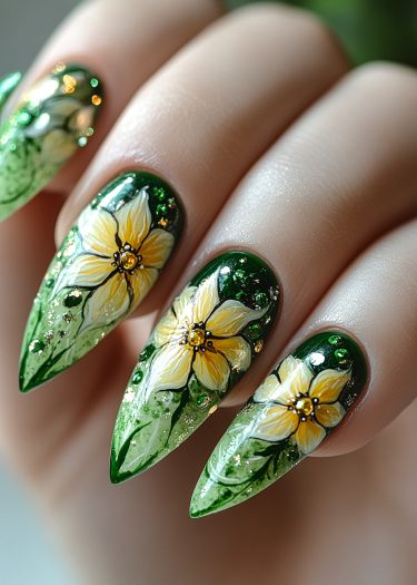 Vibrant green stiletto nail art featuring intricate floral designs and sparkling rhinestones.