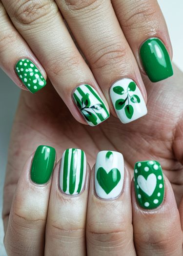 Vibrant green and white nail art with playful designs and sophisticated patterns.