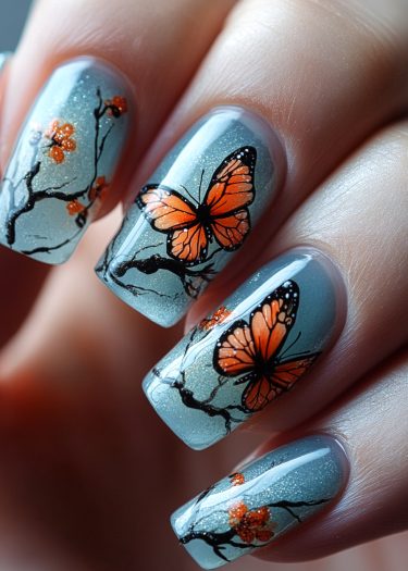 Stunning grey butterfly nail art with intricate blossoms and shimmering blue design.