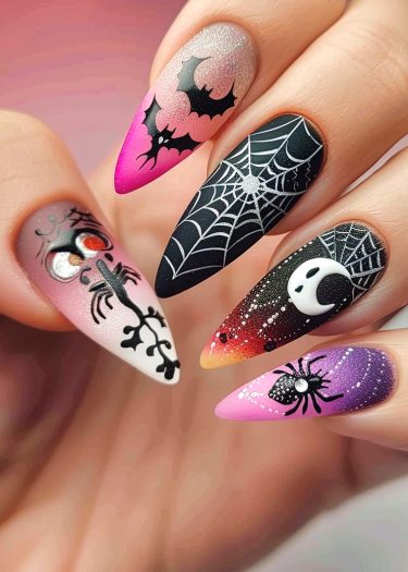 Vibrant Halloween nail art featuring spooky designs, bats, spiderwebs, and skeletons.