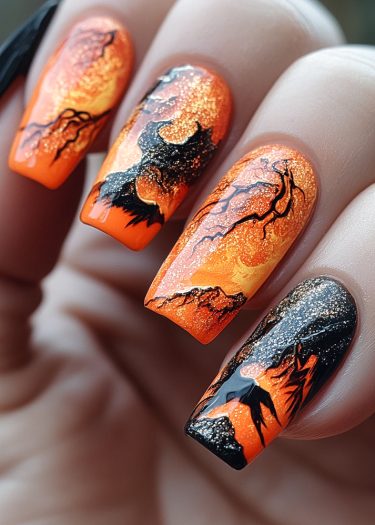 Vibrant Halloween nail art featuring spooky silhouettes of bats and trees against a fiery gradient.