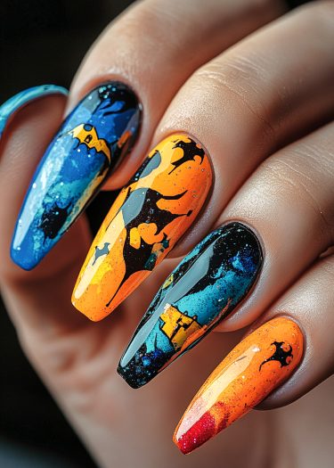 Creative Halloween nail art designs with bats, stars, and vibrant colors for a spooky look.