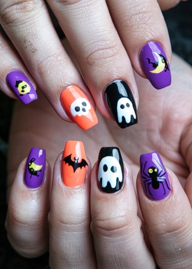 Spooky Halloween nail art featuring ghosts, bats, and spiders in vibrant colors.