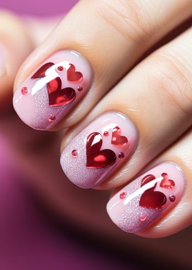 Elegant heart motif nail art with shimmery pink base and glossy red accents.