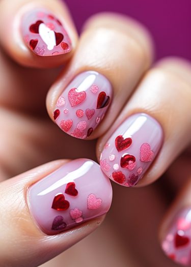 Elegant heart-themed nail art with glossy pink base and vibrant red accents on manicured fingers.