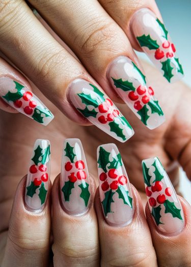 Festive holiday nail art featuring red holly berries and green leaves on long coffin-shaped nails.