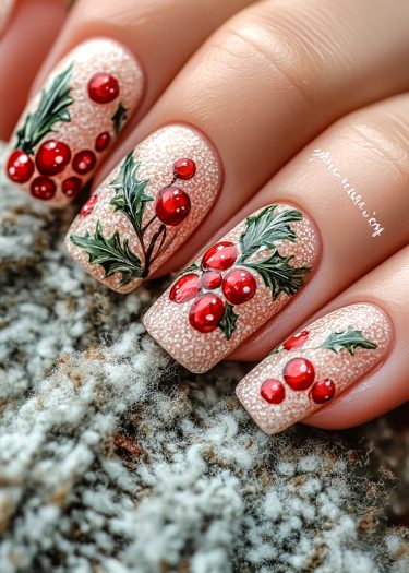 Elegant holiday nail art featuring textured beige snow, holly leaves, and vibrant red berries.